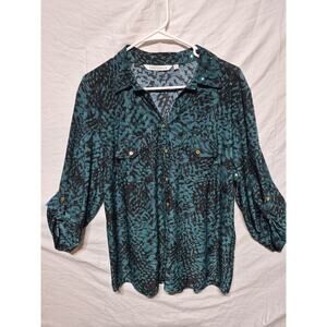 Emily Daniels Blouse Women's XL Green 3/4 Sleeve Button Up Shirt